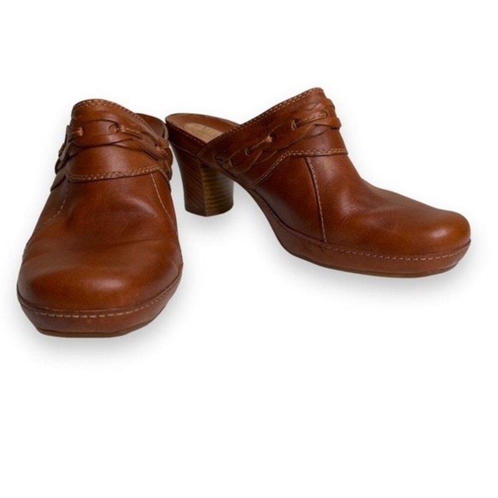 Clarks Artisan Collection Brown Braided Leather Heeled Mule Clog Shoe Women 8.5